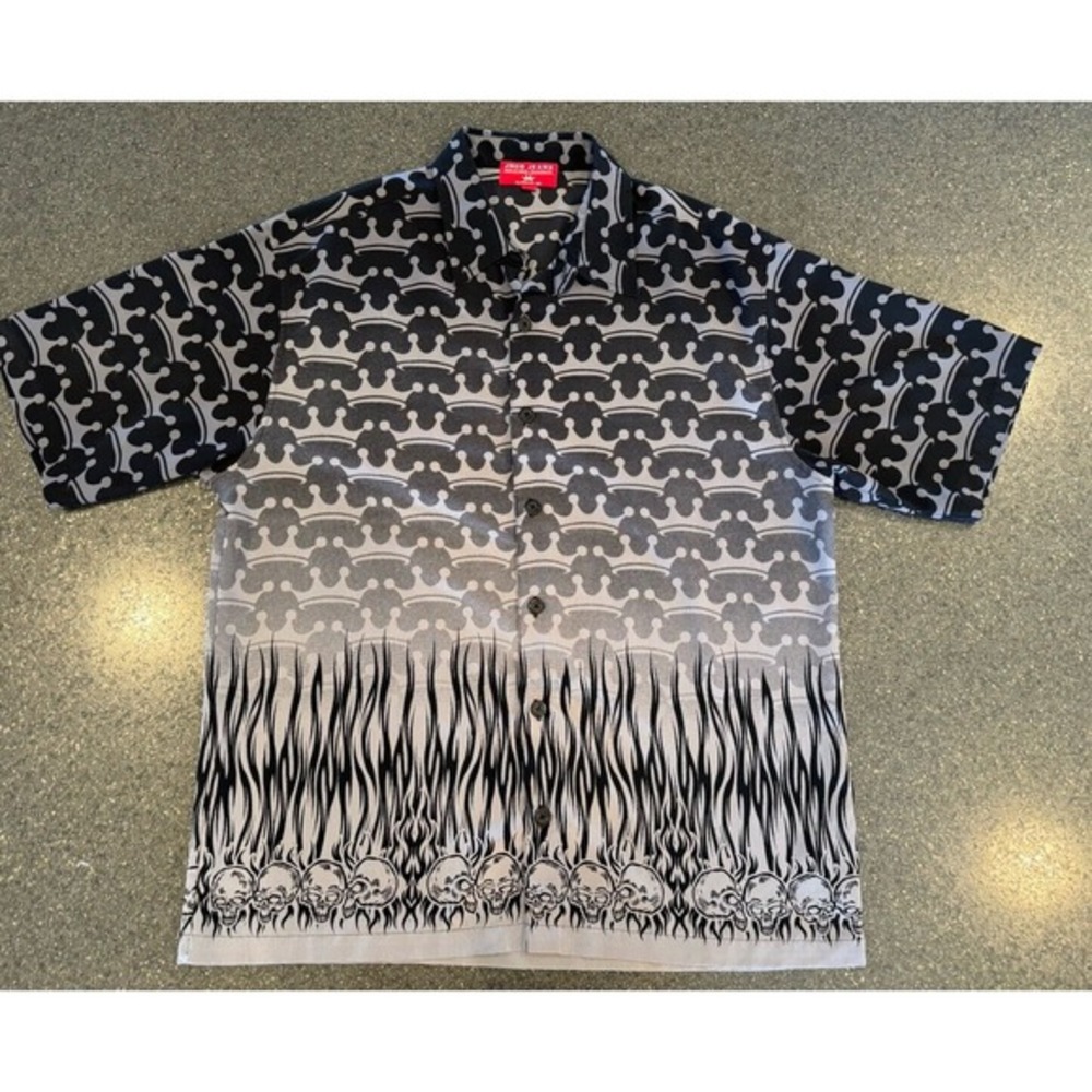 Vintage Jnco Jeans All over Print Flames Skulls Button Down Large‎ Grey